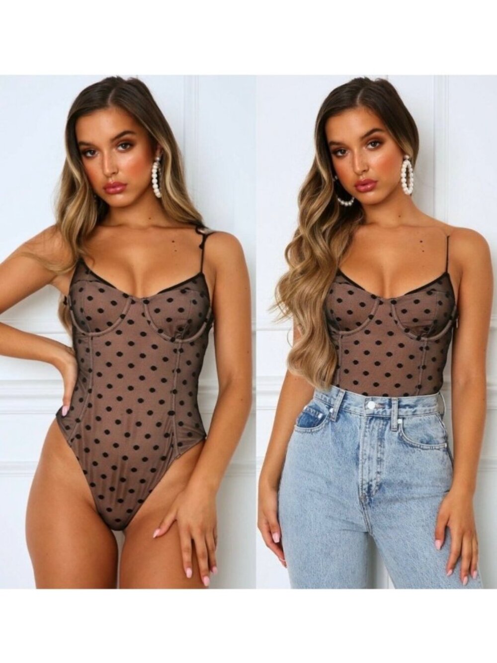 White Fox Cocktail Hour Bodysuit Large Polka Dot Cami Clubwear Going Out Top